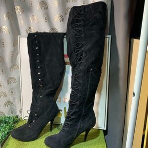 DbDk Fashion Black Lace-Up Over-the-Knee Heeled Boots